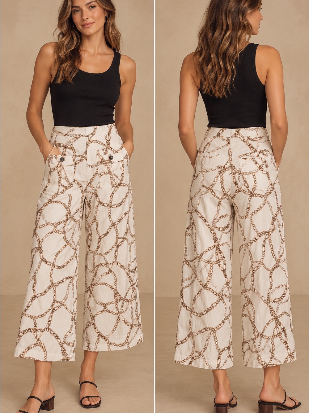 Maeve by Anthropologie High-Rise Wide Leg Chain Print Pants - Cream